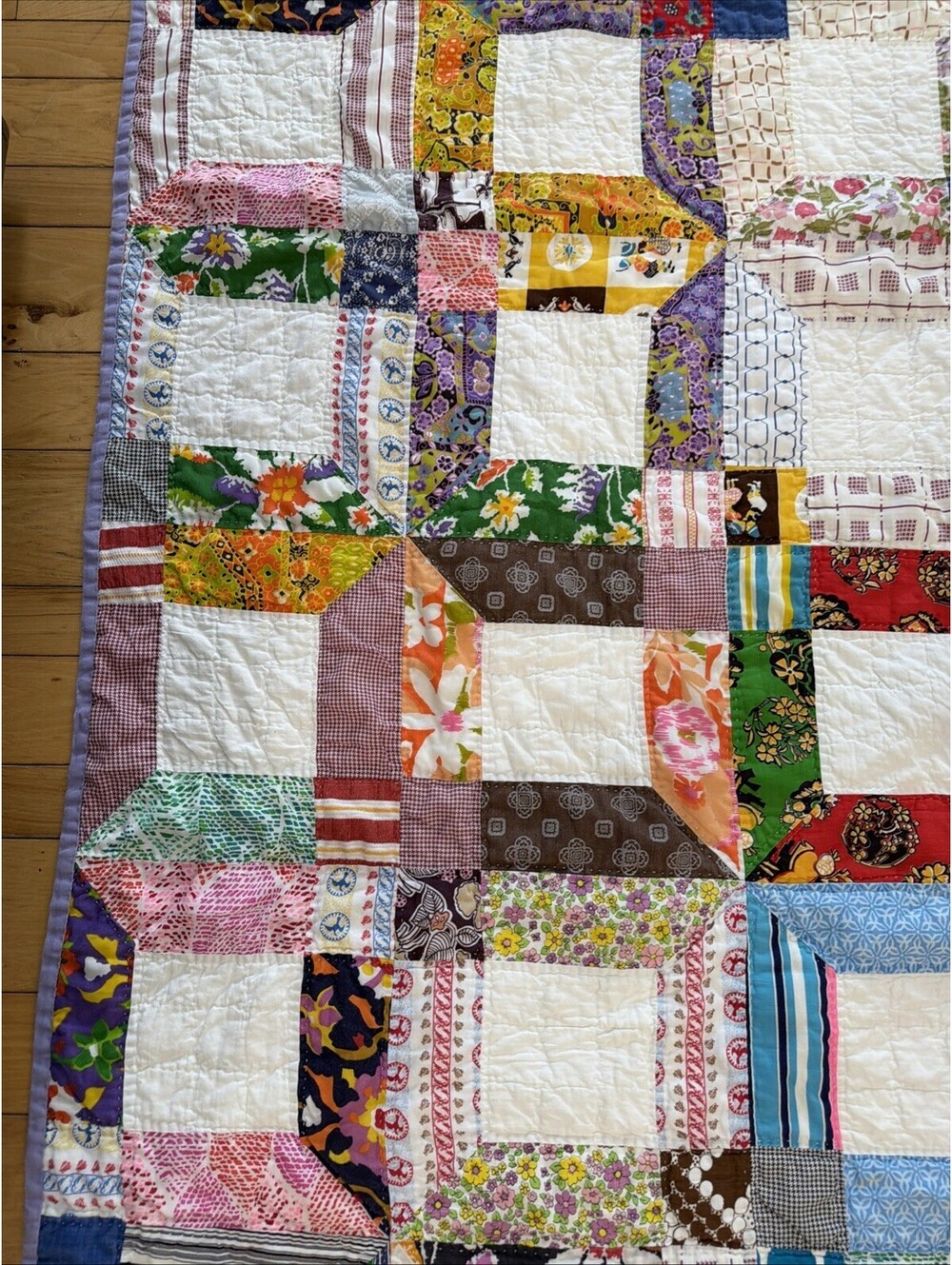 VTG 1970s Quilt Hand Stitched Squares Awesome Retro Fabrics Colorful 56x77” - Picture 5 of 15